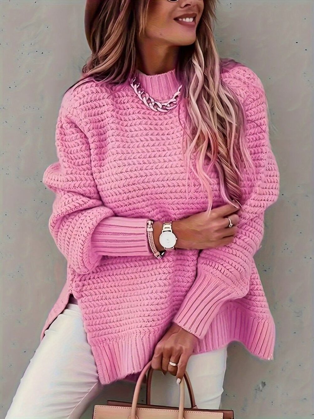 Pink Casual Loose Unlined Women's Round Neck Knit Pullover